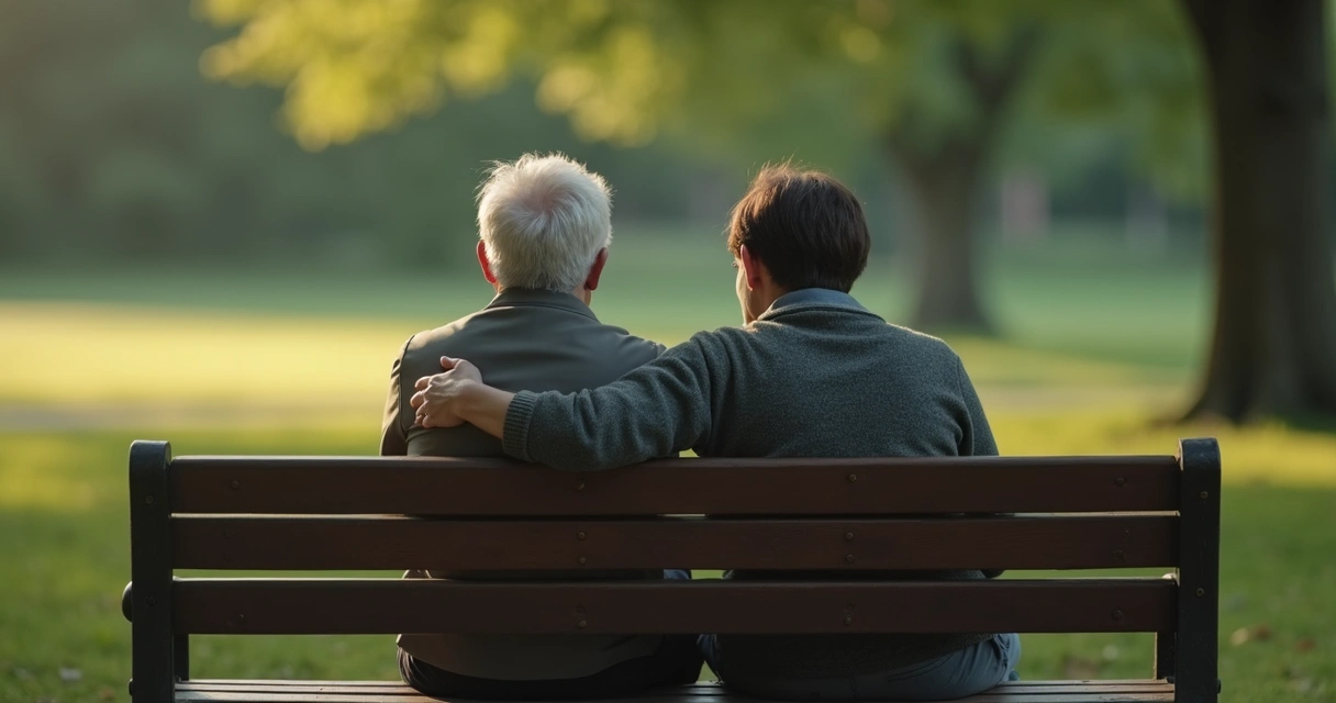 Man comforting a woman sitting on a bench, both showing concern