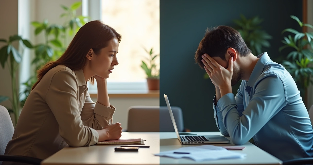 Split scene showing a caring professional shifting from empathy to emotional exhaustion 