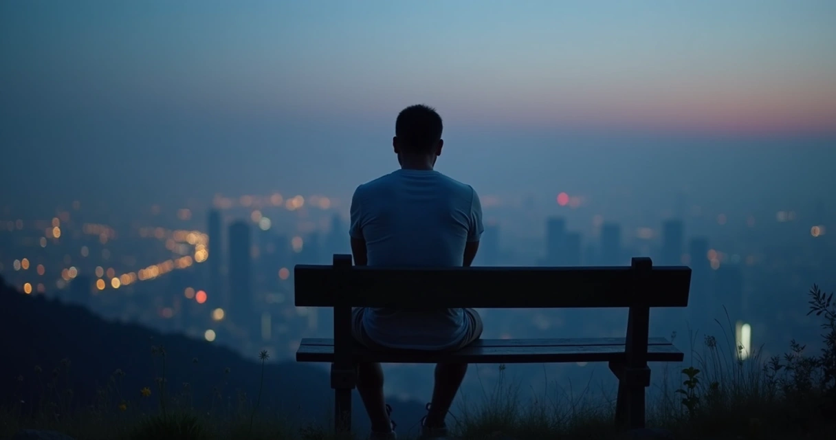 Person sitting on a bench overlooking a city at dusk reflecting in quiet exhaustion 