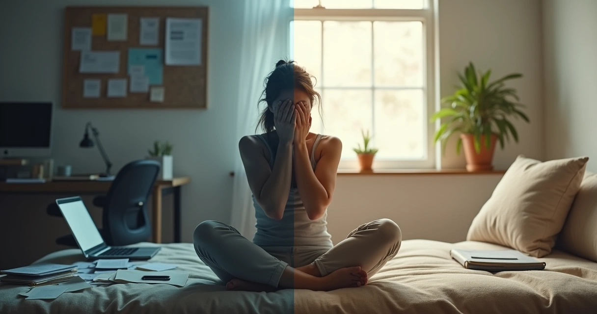 Split scene contrasting a burned-out person with a calm integrated self 