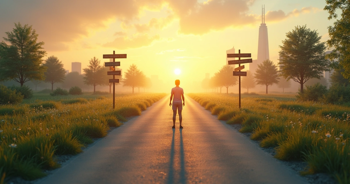 Two diverging paths labeled compassion and compliance with a person choosing the compassionate way 