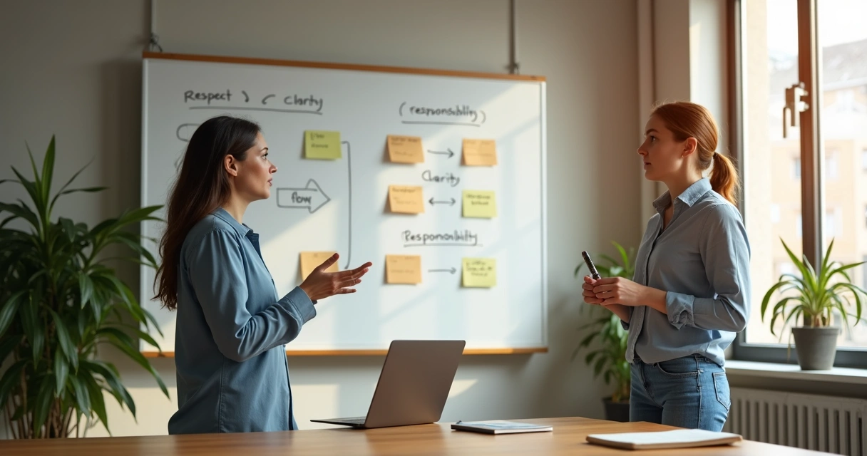 Two colleagues in a calm office discussing together at a shared whiteboard 