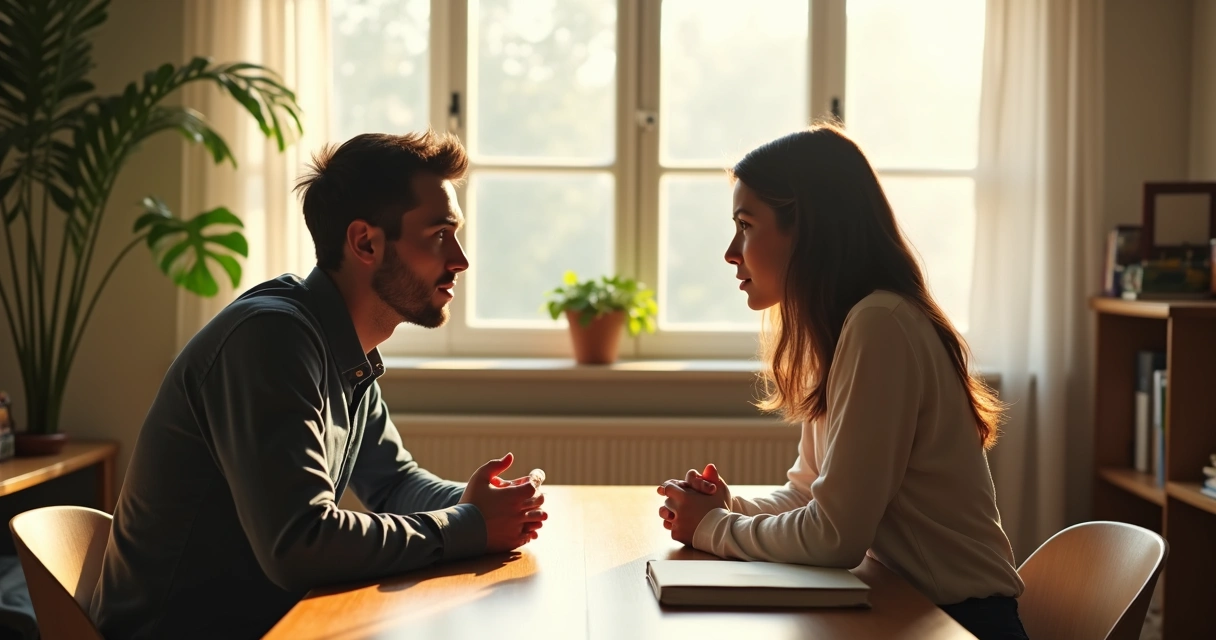 Two people sitting at a table, one listening attentively to the other 