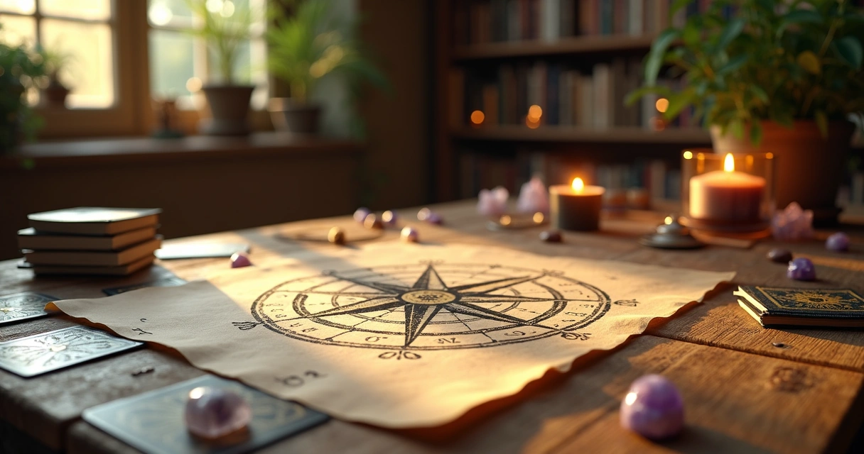 Mesa mística com bússola desenhada e elementos esotéricos ao redor. 