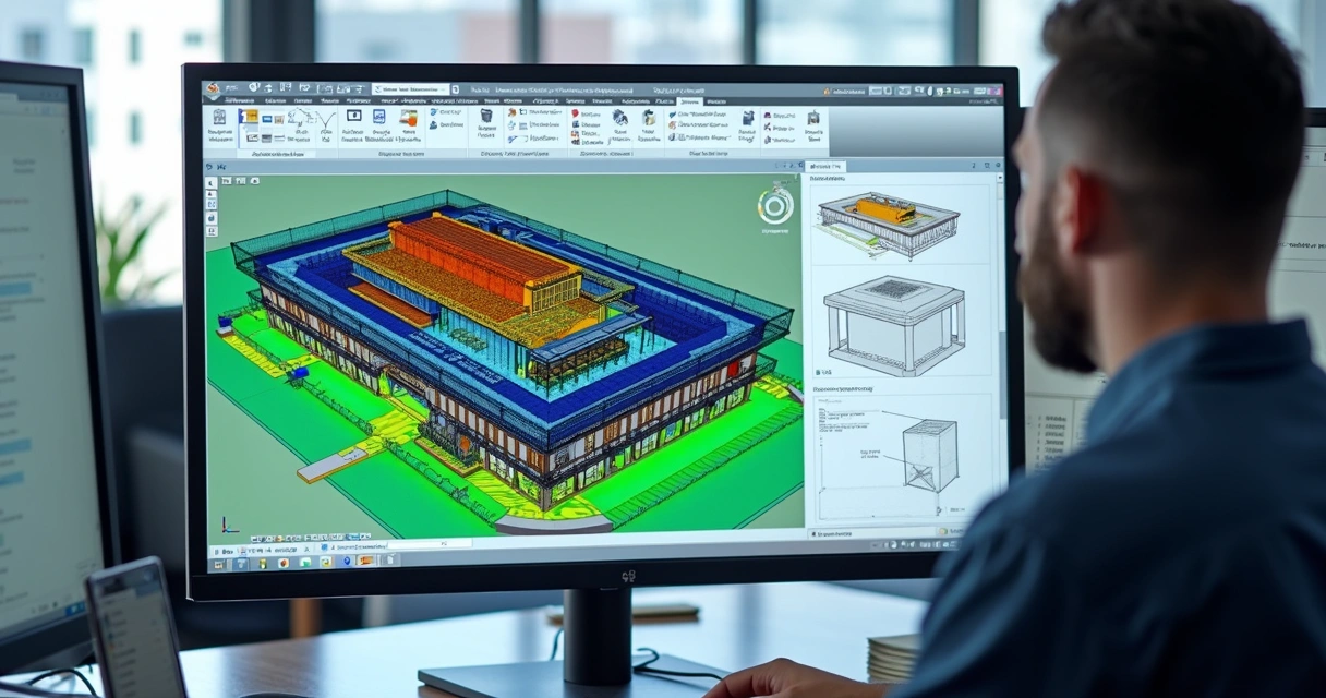 Tela de computador mostrando compatibilização BIM de projetos em 3D 