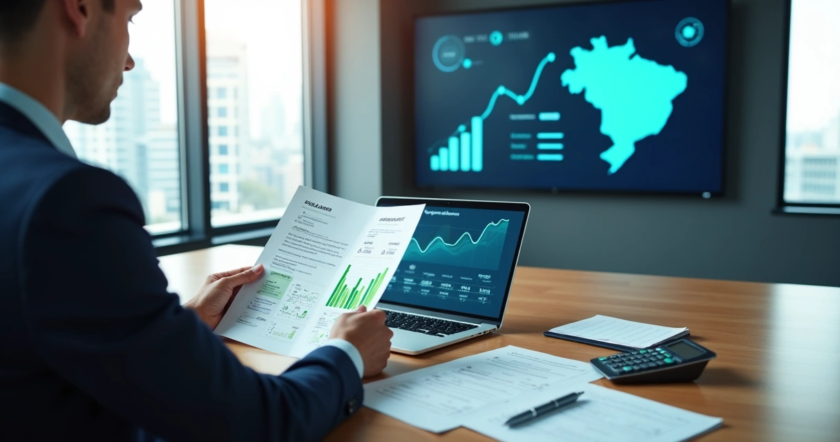 Advogado analisando documentos fiscais diante de tela com gráficos de tributos federais 