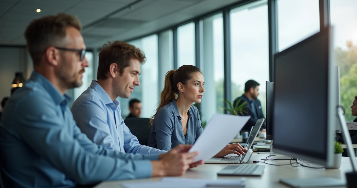Personas trabajando en una oficina moderna con ambiente competitivo 