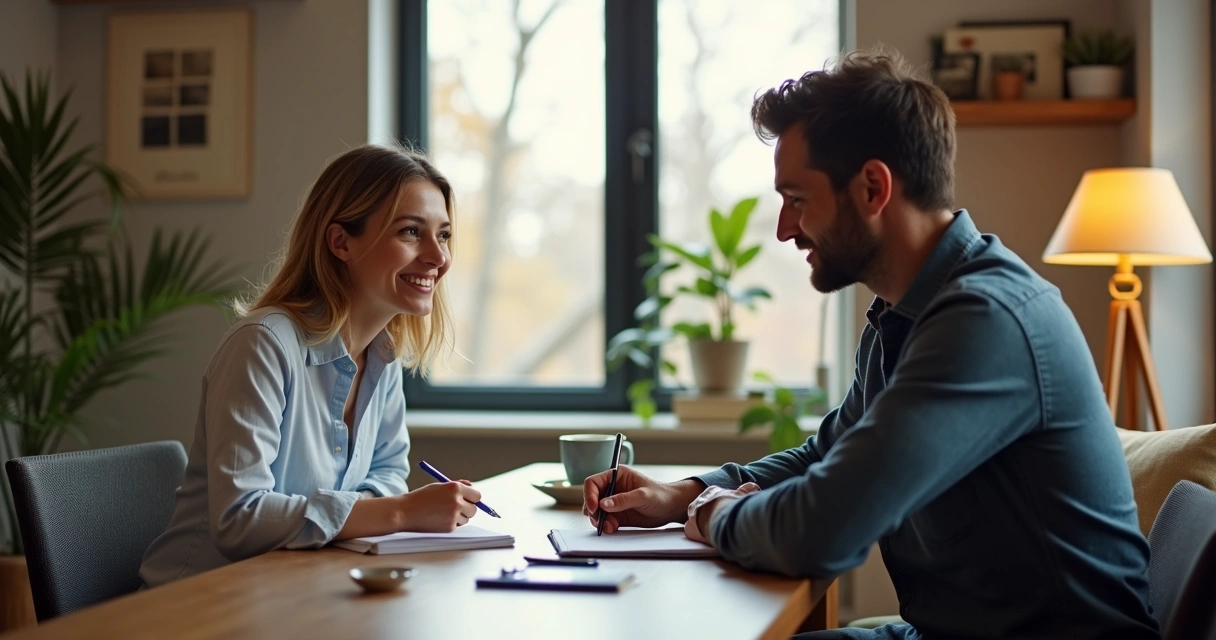 Mentor escrevendo anotações enquanto conversa com membro da equipe, ambos sorrindo levemente, ambiente profissional e acolhedor