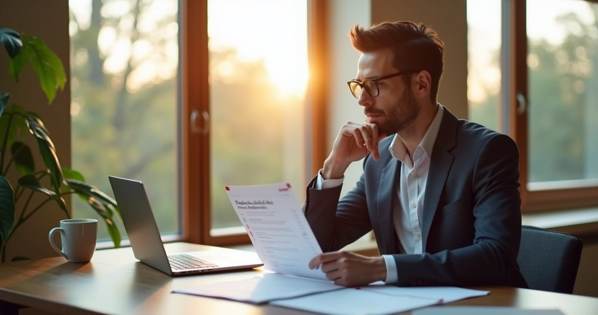 Pessoa avaliando suas competências profissionais diante de uma janela ensolarada 