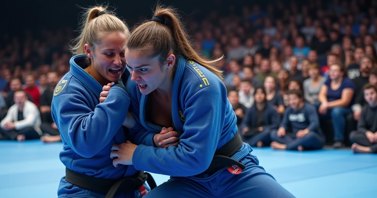 Duas mulheres lutando jiu-jitsu em um torneio, torcida ao fundo 