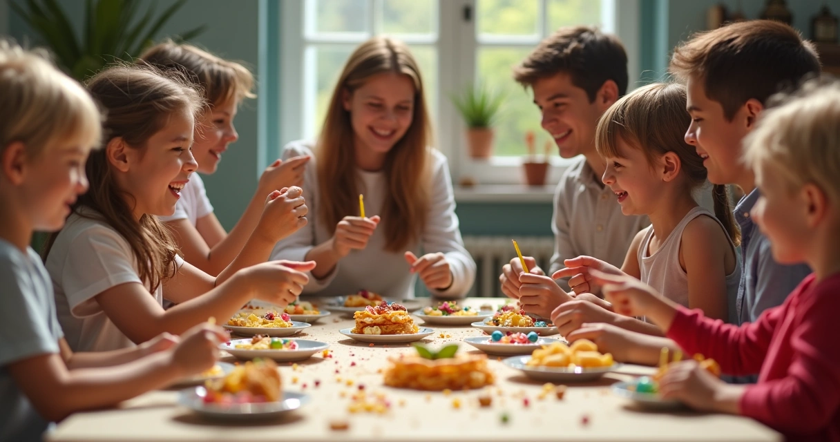 Crianças competindo de forma divertida na montagem de lanches 