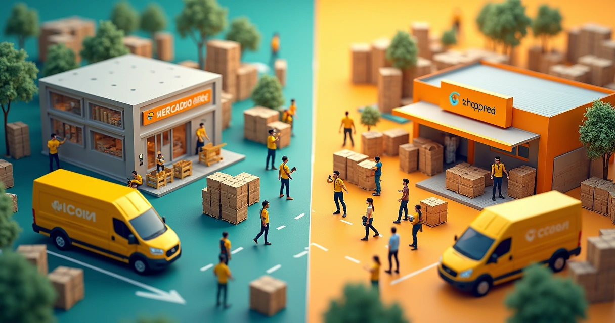 Ilustração de Marketplace Mercado Livre e Shopee lado a lado