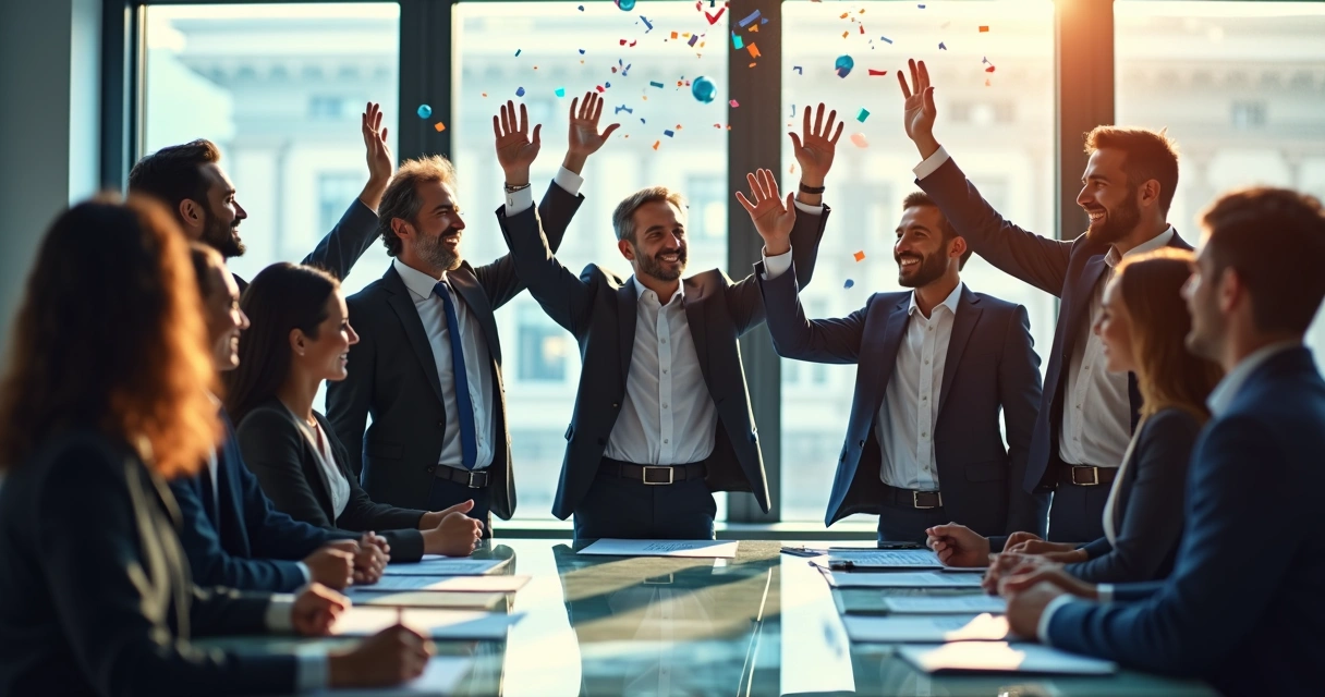 Equipe de negócios comemorando dados de sucesso fiscal 