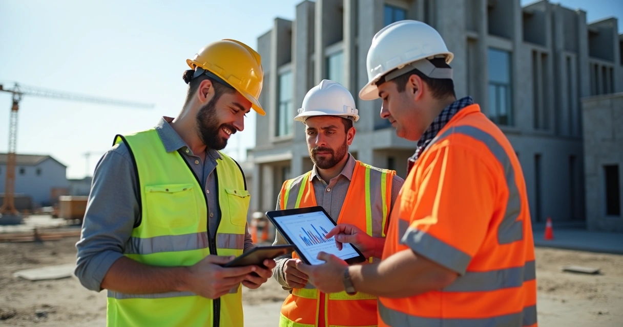 Pequena empresa usando tecnologias digitais em canteiro de obra, equipe analisando dados em tablets 