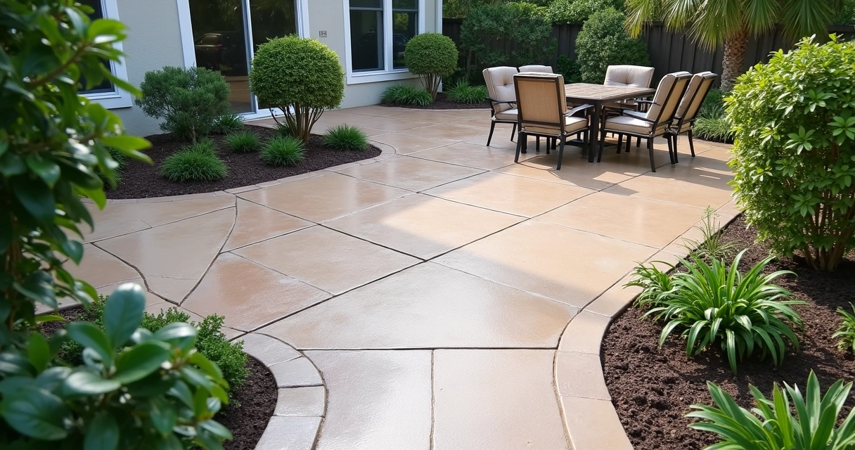 Finished concrete patio with clean edges and landscaping