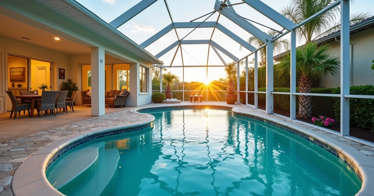 Freshly painted pool cage enclosure at sunset