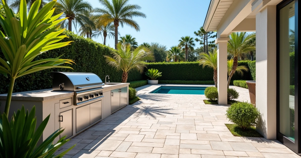 Modern outdoor summer kitchen with grill, sink and stone countertops in Orlando setting 