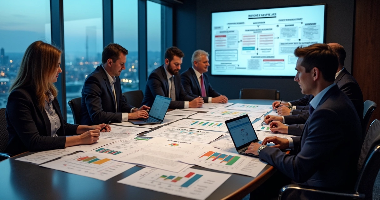 Team reviewing complex immigration business plans around table with layered charts 