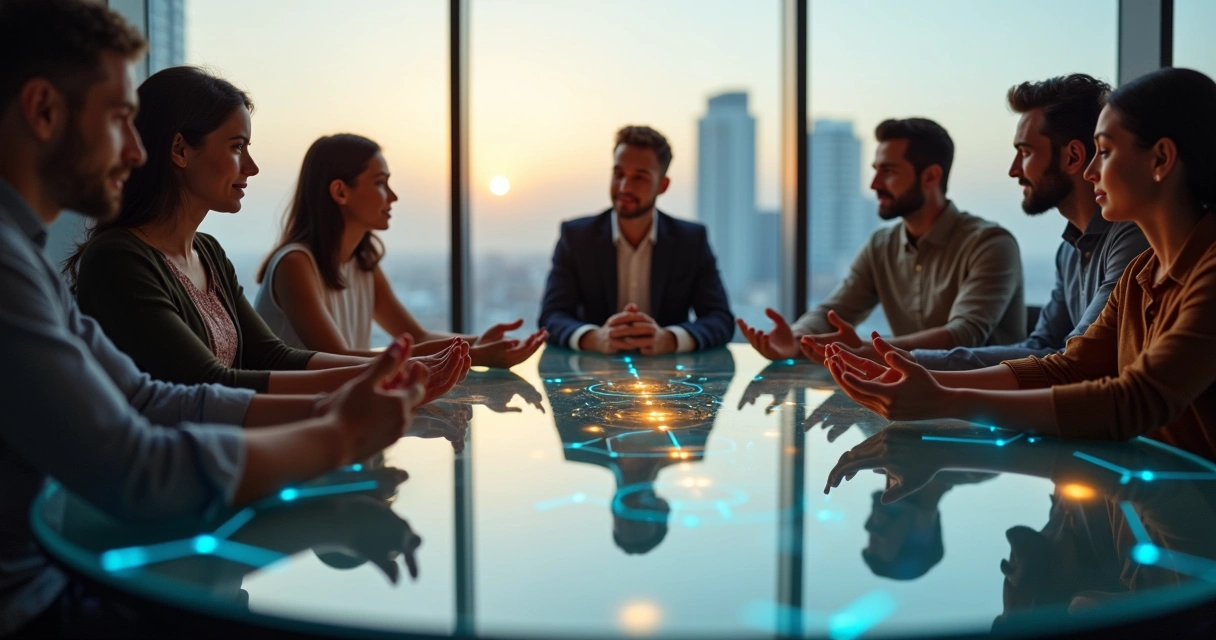 Diverse team forming a circle with open hands connected by light lines 