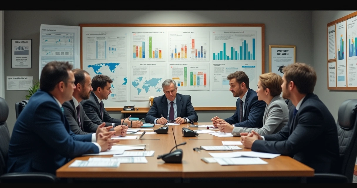 Busy workplace showing multiple leaders and employees in a meeting, with visible tension between collaboration and competition. 