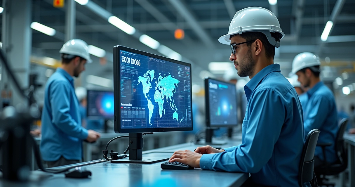 Linha de montagem industrial com operadores, robôs e telas exibindo dados interligados. 