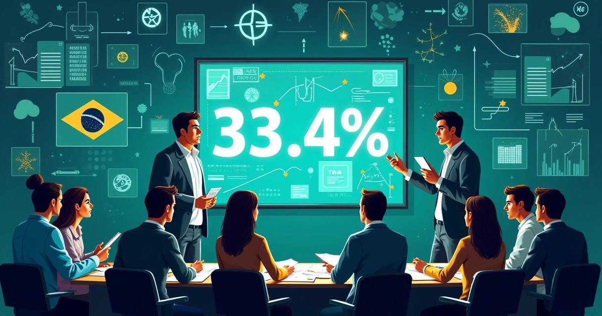 Profissionais discutindo a complexidade tributária no Brasil com gráficos e documentos sobre internet.