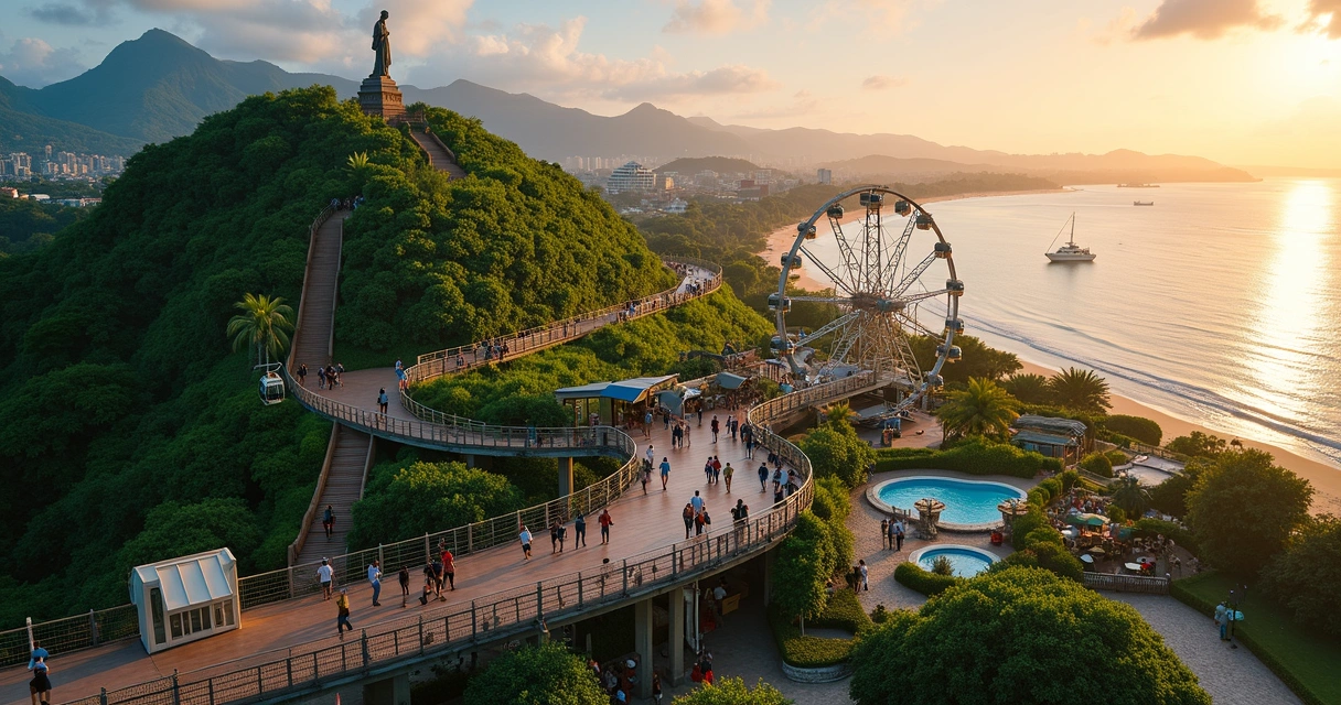 Vista aérea do Morro de Santo Antônio e do Mirante do Camaroeiro em Caraguatatuba ao pôr do sol 