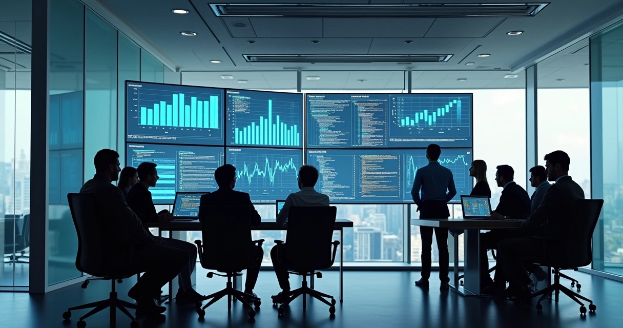 Sala moderna de escritório com paredes de vidro, telas digitais exibindo gráficos de dados e códigos API, equipe discutindo compliance e tecnologia 
