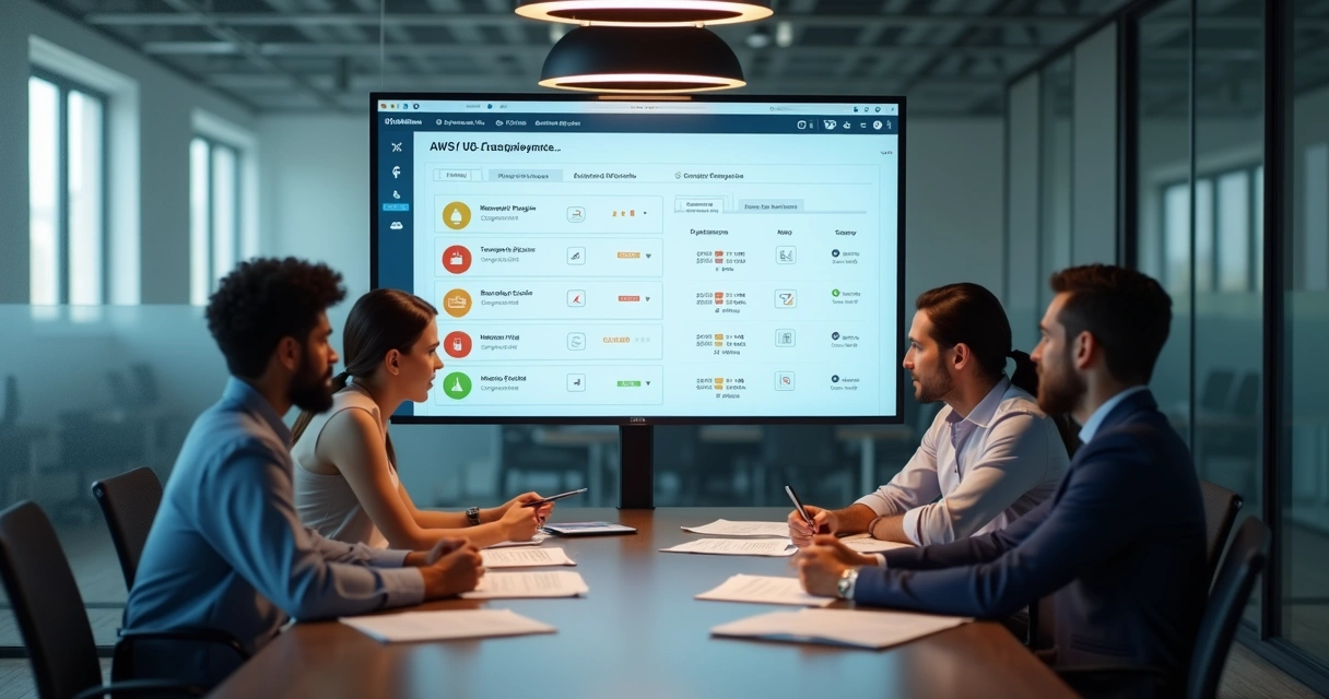 Equipe analisando painel de compliance AWS em escritório moderno 