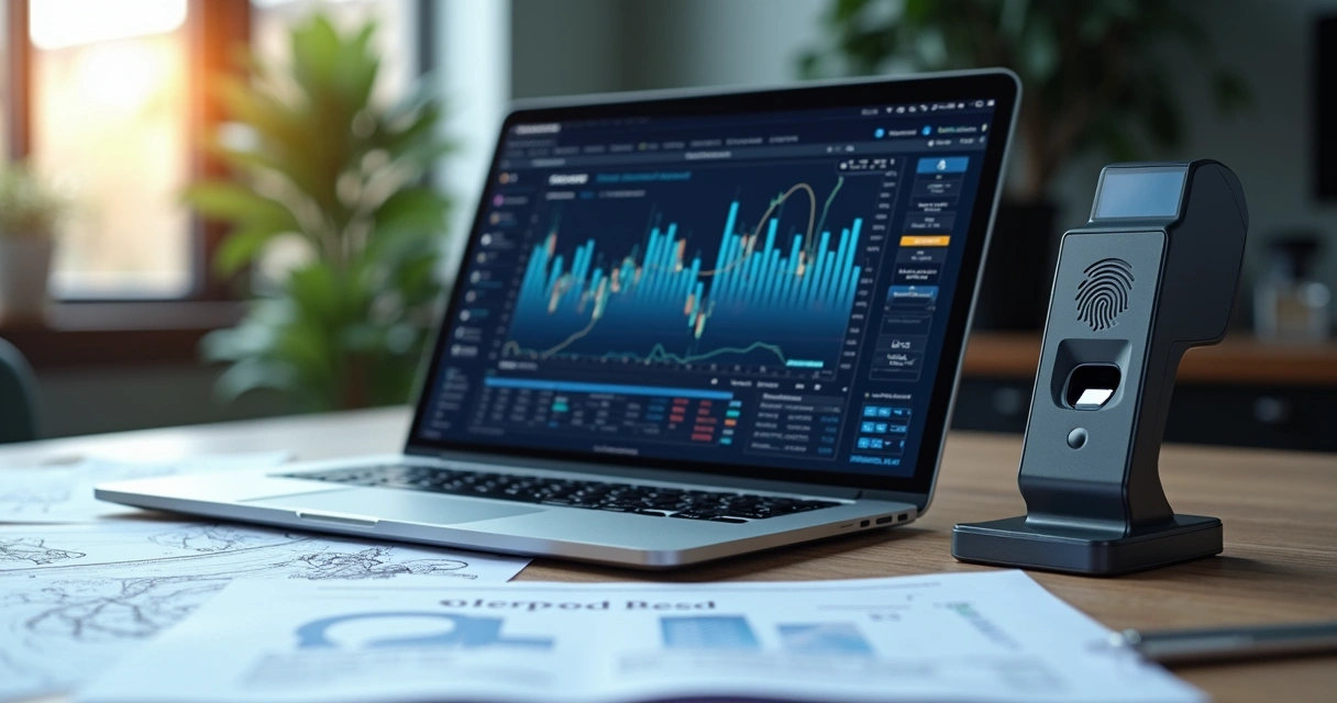 Mesa de trabalho com notebook exibindo gráficos financeiros e código API, documentos de compliance e leitor biométrico de segurança 