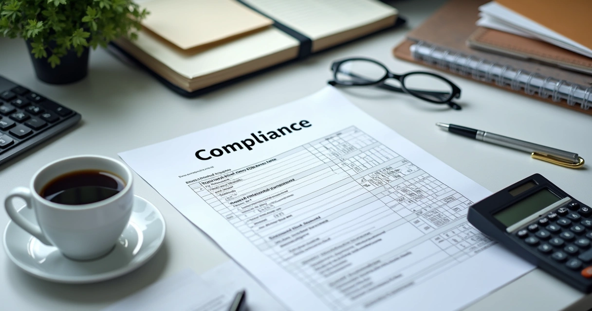 Desk with compliance checklist, calculator, and financial forms 