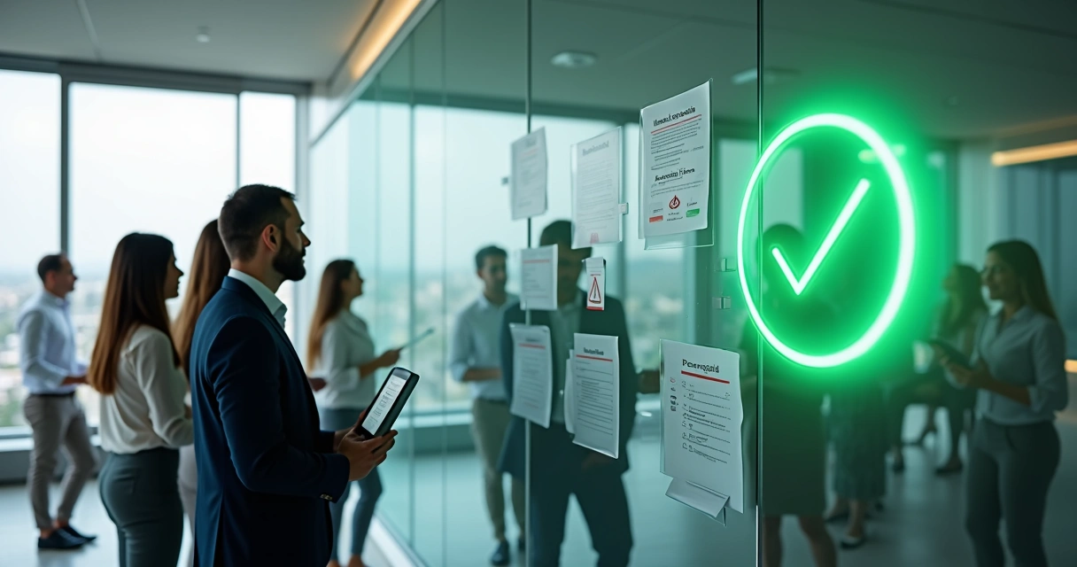 Equipe de finanças analisando mural de prioridades de compliance contábil com selo de aprovação verde 