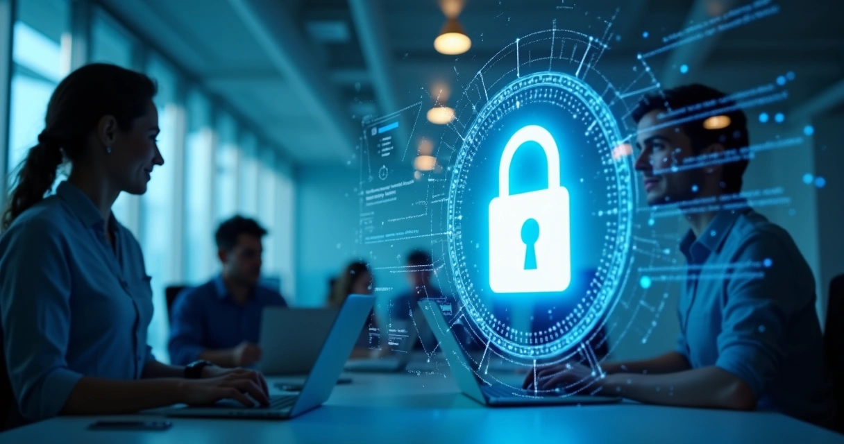 Símbolo de cadeado digital e equipe corporativa em ambiente de tecnologia 