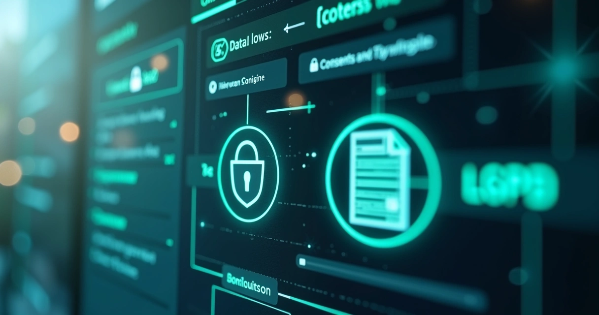 Ícones de segurança e LGPD em tela de plataforma de dados 