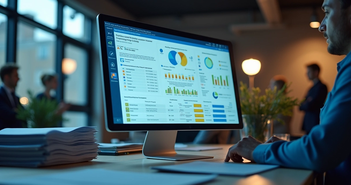 Compliance dashboard with European regulation icons and reporting tools 