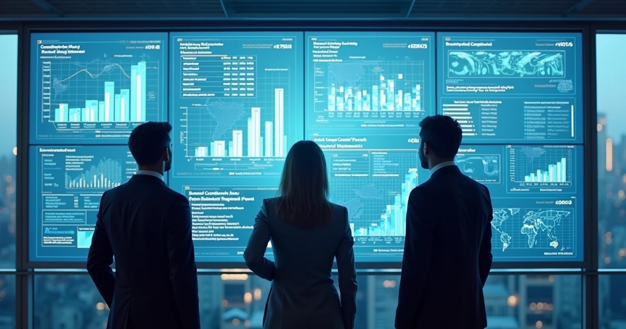 Equipe de compliance analisando gráficos em grandes telas digitais 