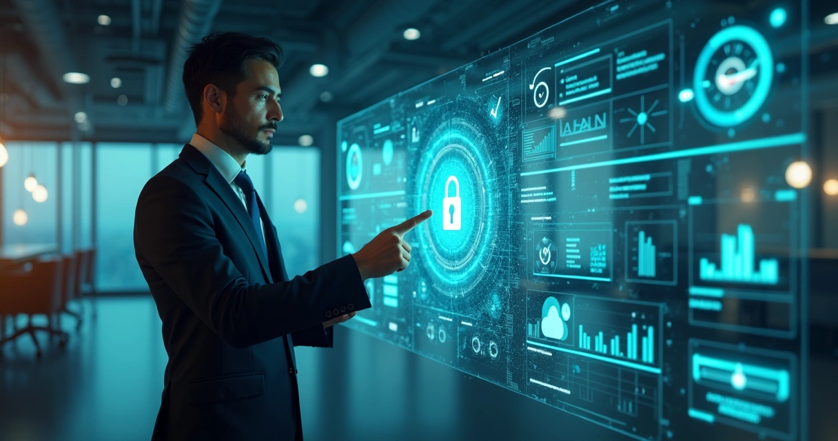 Profissional de negócios analisando gráficos digitais de compliance em tela holográfica transparente em escritório moderno 