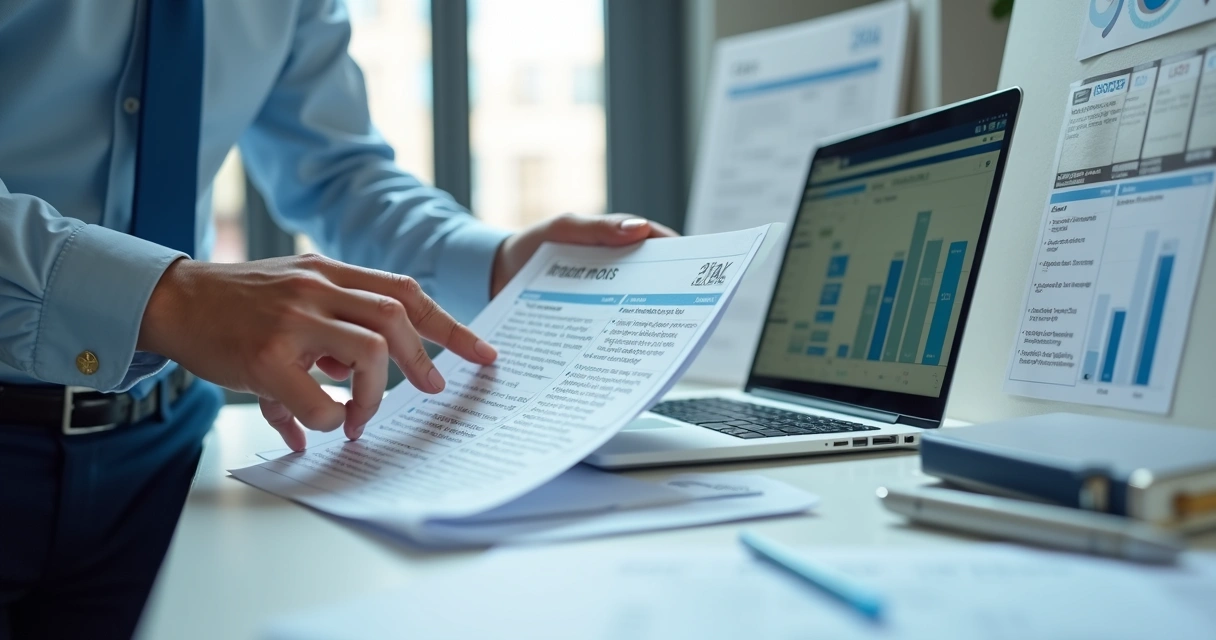 Compliance officer reviewing AI governance documents and audit records 