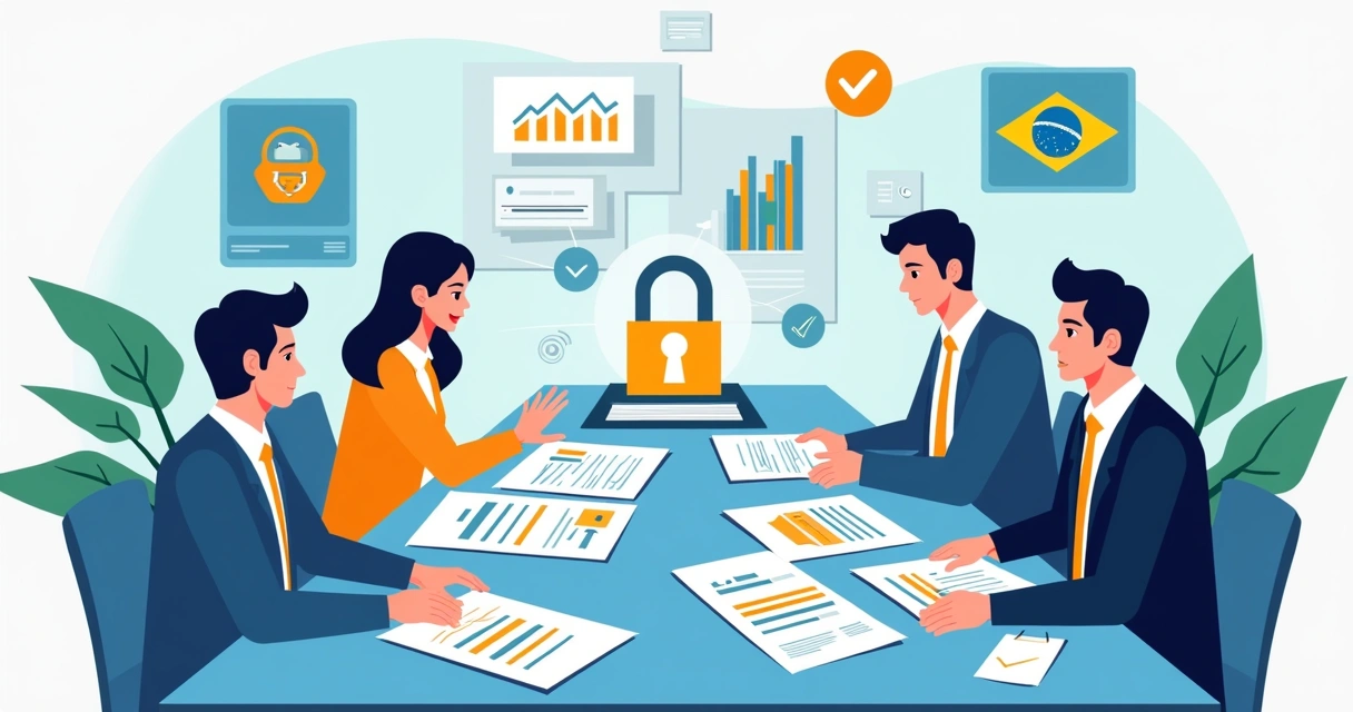 Documentos e gráficos sobre compliance e legislação eleitoral sendo analisados por equipe 
