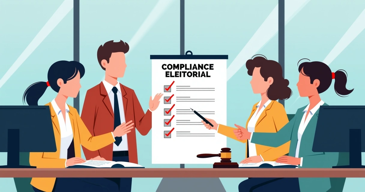Equipe analisando checklist de compliance eleitoral em escritório moderno 