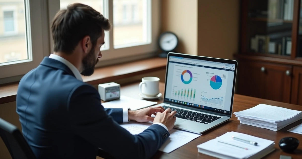 Especialista em compliance conferindo documentos e dados no computador 