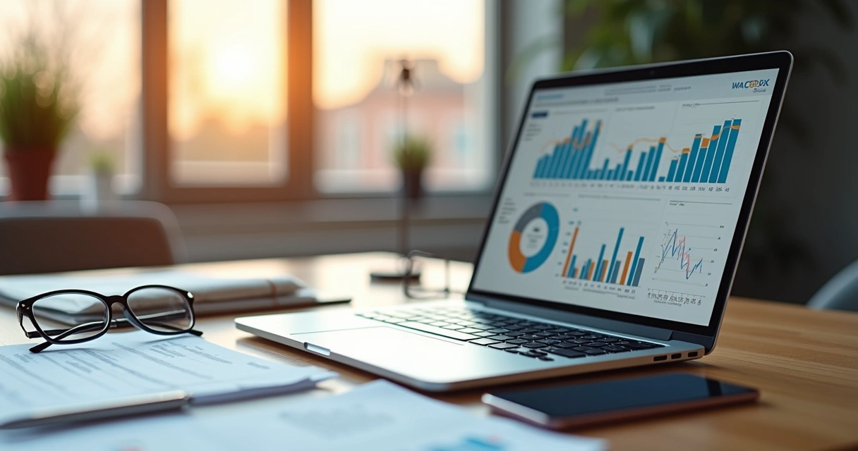 Mesa de trabalho com laptop aberto mostrando gráficos financeiros e documentos de compliance ao lado de smartphone e caneta 