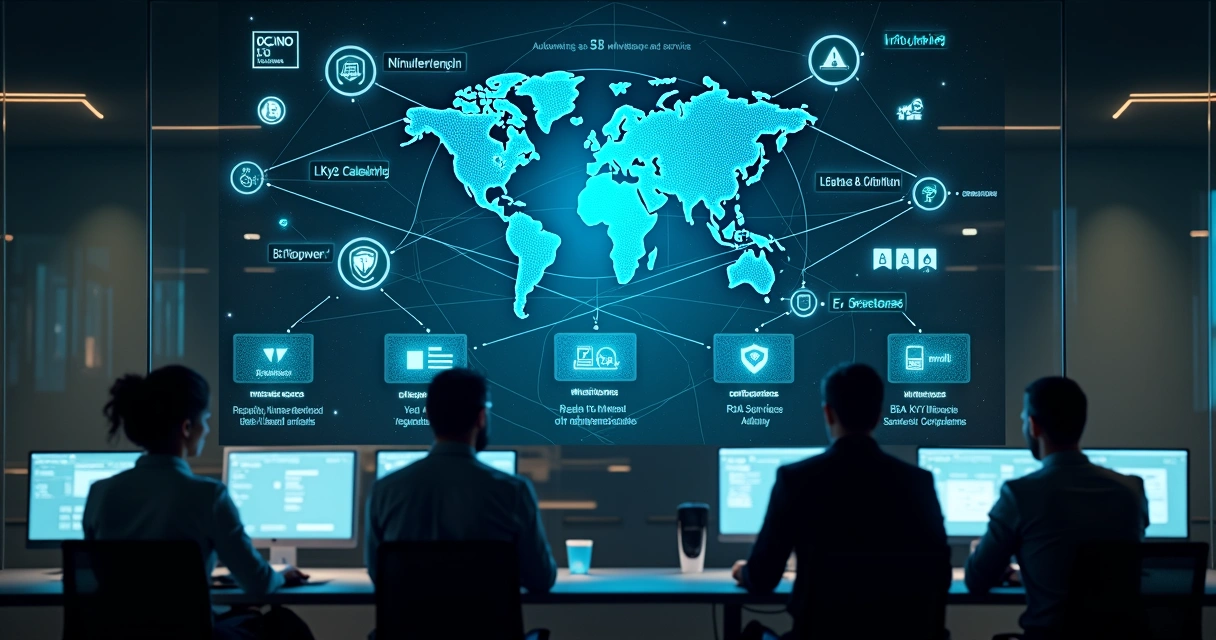 Painel digital com ícones de órgãos reguladores conectados a infraestrutura de fintech BaaS 
