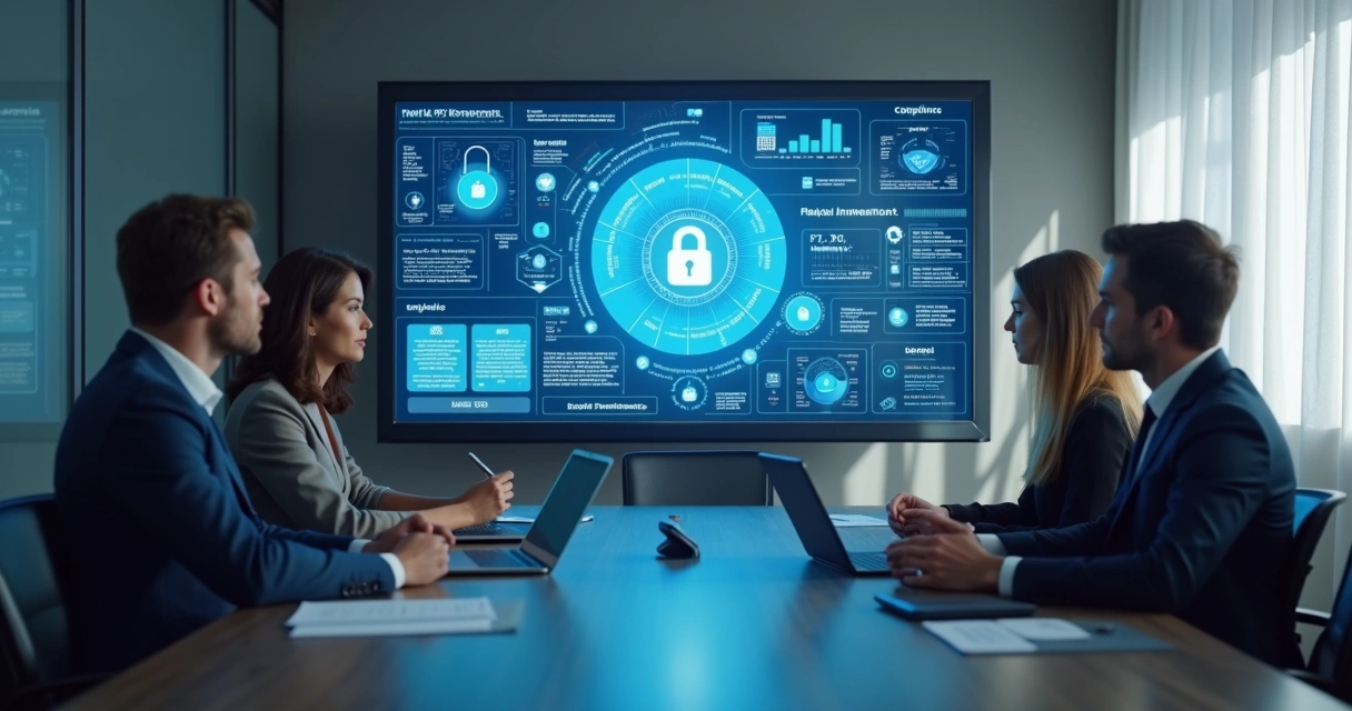 Equipe analisando compliance fintech em tela com dados e alertas 