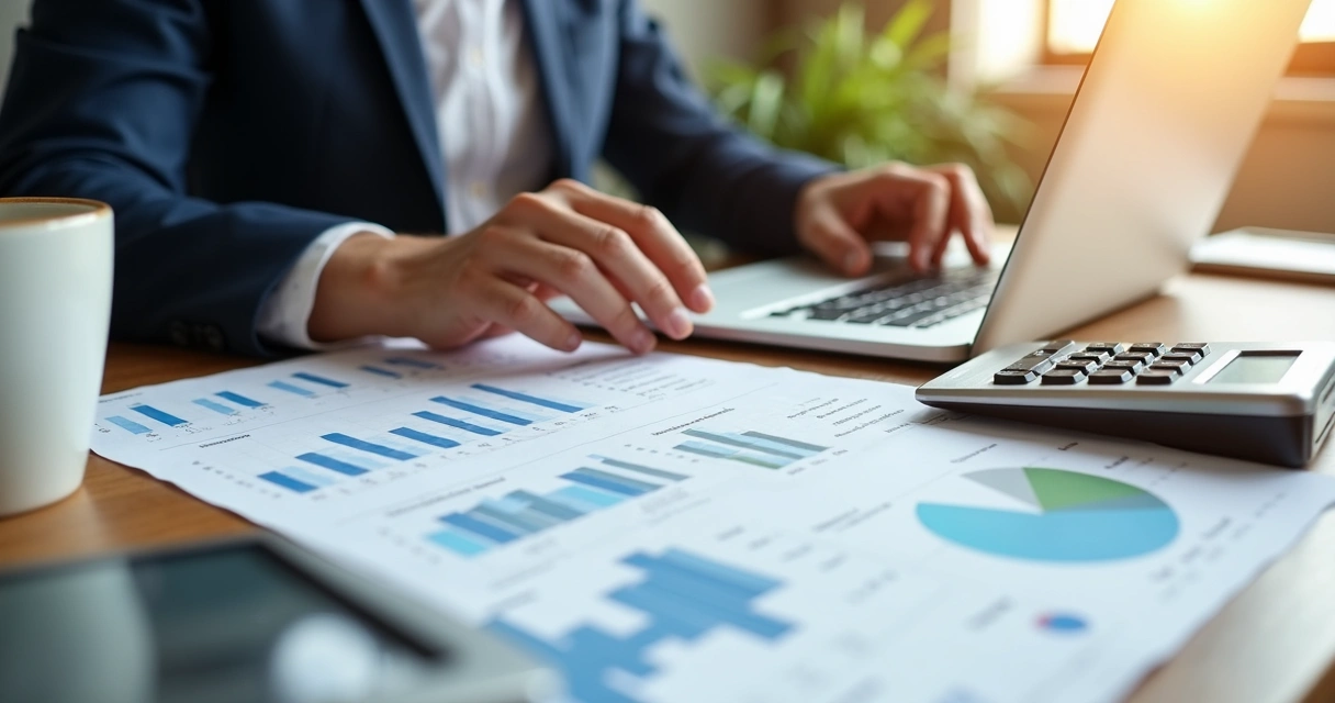 Executivo organizando documentos fiscais em uma mesa de trabalho com laptop e gráficos 