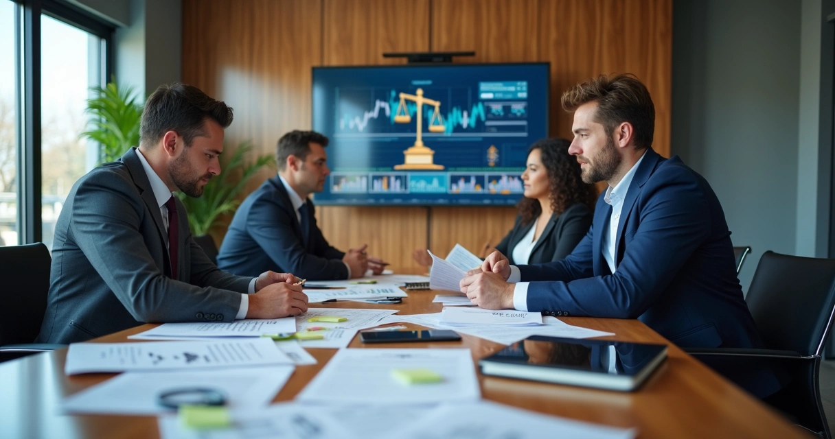 Reunião de equipe sobre compliance fiscal e jurídico 