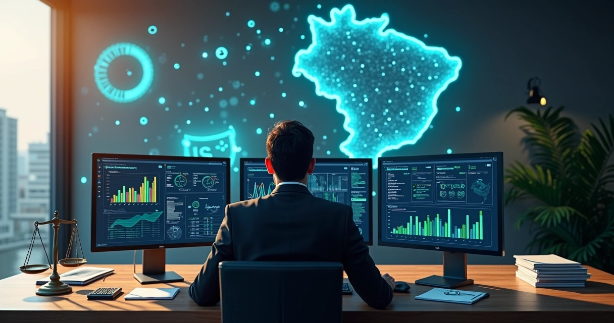 Profissional analisa gráficos fiscais digitais ao lado de balança e ícones de leis 