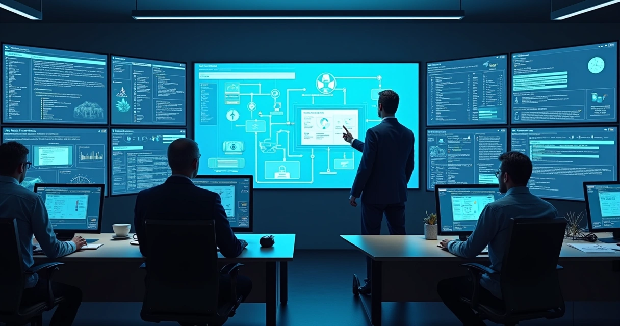 Equipe de TI monitora segurança de sistemas de IA em telas 