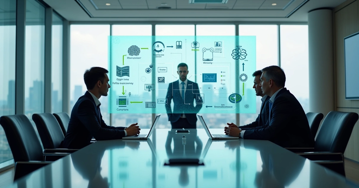 Executivos analisando painel digital com ícones de compliance e IA 