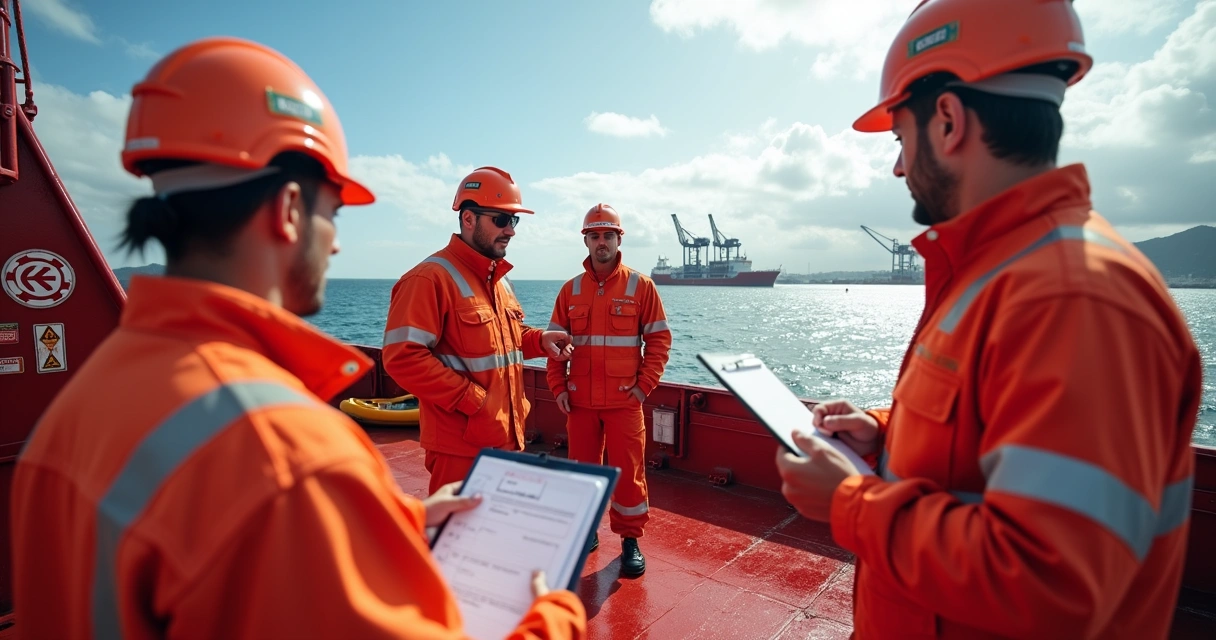 Team of inspectors in safety gear checking compliance equipment on ship deck